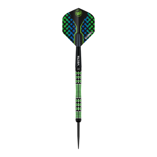 Winmau Brendan Dolan steel darts Das Bild zeigt einen Winmau Brendan Dolan Steeldart. Der Dartpfeil hat ein auffälliges Design mit grünen und blauen Akzenten.