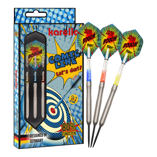 Karella Comic Line CL-2 steel darts - 23g Zu sehen ist das vollständige Set der Karella Comic Line CL-2 Steeldarts in 23g. Die Steeldarts bieten eine gute Balance für ambitionierte Spieler.