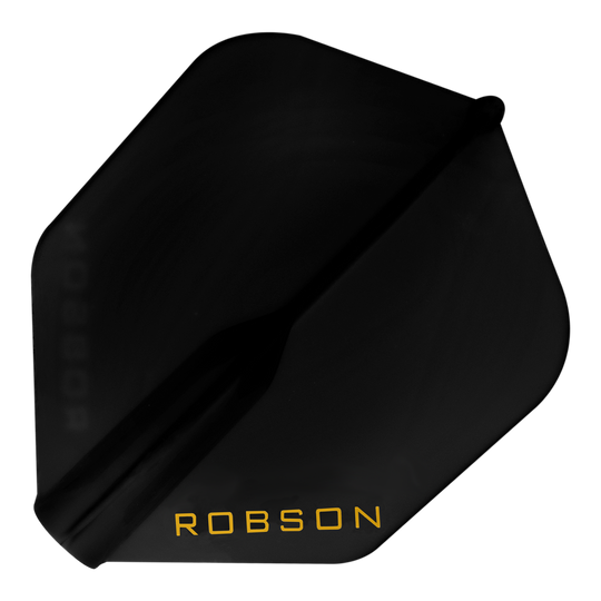 Robson Plus Flights - NO6 Auf dem Bild ist ein schwarzes Dart-Flight zu sehen. In einer Ecke steht das Wort "ROBSON" in gelber Schrift.