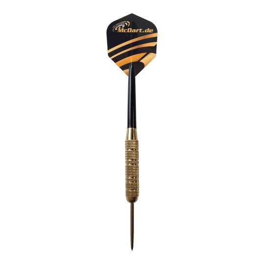 Dieses Bild zeigt das Produkt McDart Golden Star Steeldarts - 12 Darts mit einem Gewicht von 18 Gramm. Zu sehen sind mehrere goldene Steeldarts nebeneinander.