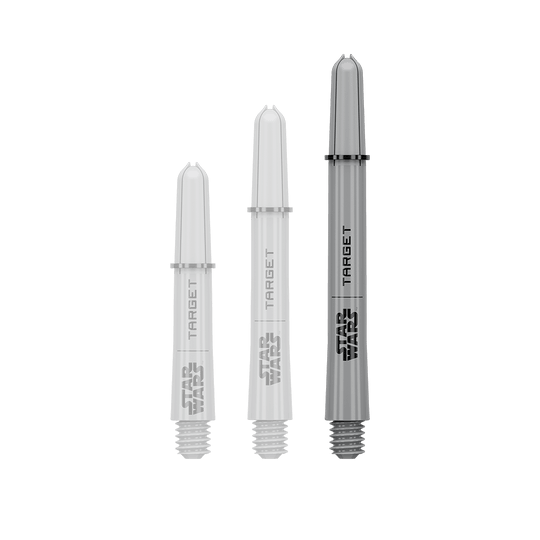 Target Star Wars ProGrip Shafts - Gray Das Bild zeigt ein Dart-Zubehör mit dem Dateinamen 380432_Target_StarWars_ProGrip_Shafts_Grau_Medium_48mm_1. Es handelt sich wahrscheinlich um einen einzelnen grauen Medium ProGrip Shaft von Star Wars mit 48mm Länge.