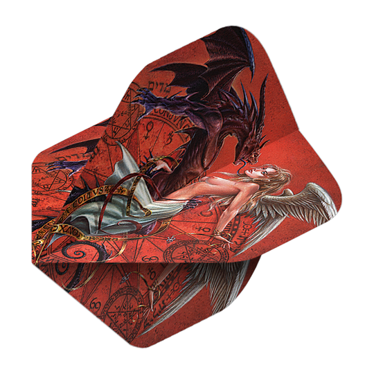 Alchemy Chemical Wedding No2 Standard Flights Das Bild zeigt das Produkt "Alchemy Chemical Wedding No2 Standard Flights". Auf dem Flight ist eine künstlerische Darstellung eines Engels und eines Dämons vor magischen Symbolen zu sehen.