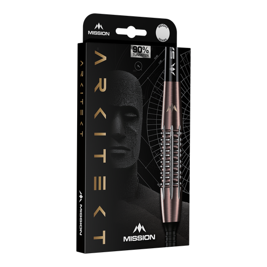 Abgebildet ist Mission Arkitekt Bronze Silika PVD Steeldarts - 23,5g. Die Darts besitzen ein glänzendes bronzenes Finish.