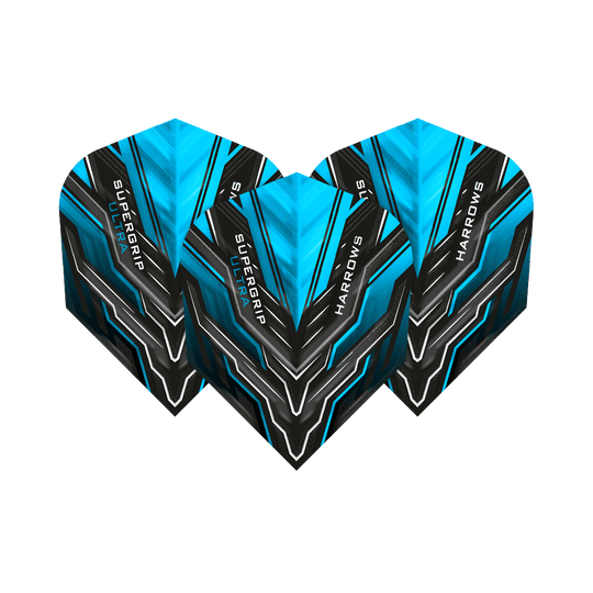 HR10_Harrows_Supergrip_Ultra_Aqua_Standard_Flights_1kxTRVLaIi32xx Das Bild zeigt drei Dart-Flights des Modells "Harrows Supergrip Ultra Aqua Standard". Die Flights sind in den Farben Blau, Schwarz und Weiß gestaltet und tragen den Schriftzug "Harrows" und "Supergrip Ultra".