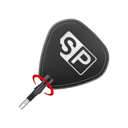 Target Swiss Storm Onyx Point Dart Tips - Black Das Bild zeigt eine schwarze Dartspitze mit der Aufschrift "SP". Ein roter Pfeil zeigt, dass die Spitze gedreht werden kann.