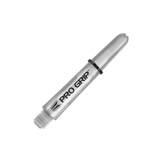 110195_Target_Pro_Grip_Shafts_Transparent_34mm_2 Auf dem Bild ist ein transparenter Pro Grip Schaft für Darts zu sehen. Er ist etwa 34 mm lang und hat einen schwarzen Gummiring.