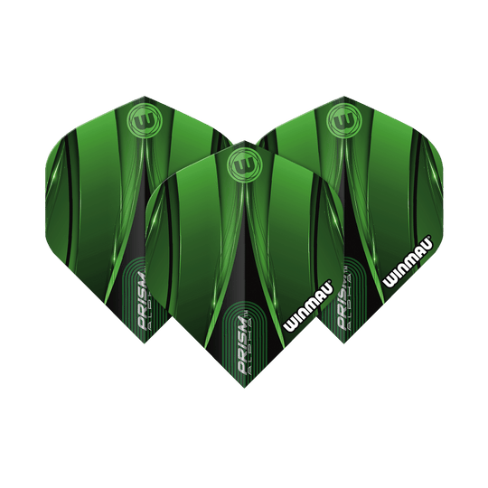 Winmau Alpha Sniper Green Standard Flights Das Bild zeigt drei grüne Dart-Flights des Modells „Winmau Alpha Sniper Green Standard Flights“. Die Flights haben ein modernes, grünes Design mit schwarzen Akzenten und dem weißen Winmau-Logo.