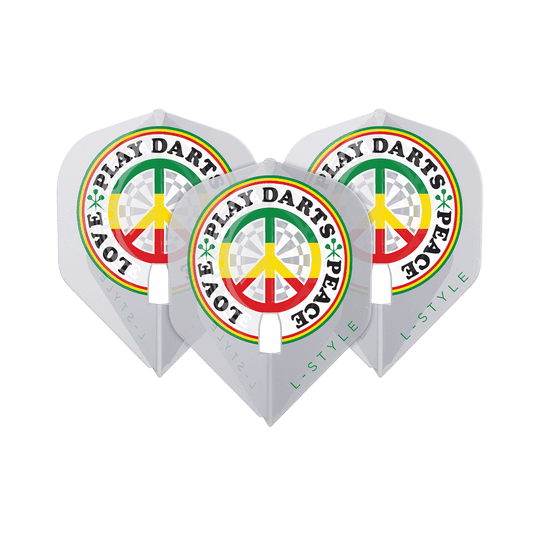 L-Style Deta Hedman V4 Clear White L1PRO Flights Das Bild zeigt drei weiße Dart-Flights der Marke L-Style Deta Hedman V4 L1PRO. Auf den Flights steht in bunten Farben der Schriftzug "LOVE PLAY DARTS PEACE" um ein Peace-Zeichen.
