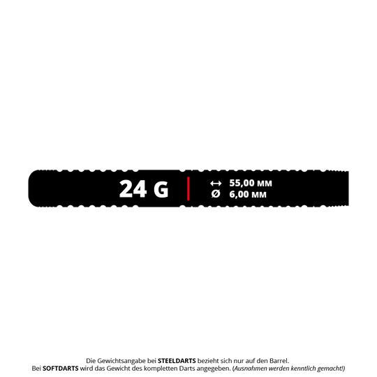 Das Bild zeigt die Produktdaten der Bulls Martijn Dragt Steeldarts mit einem Gewicht von 24 Gramm. Der Barrel ist 55,00 mm lang und hat einen Durchmesser von 6,00 mm.