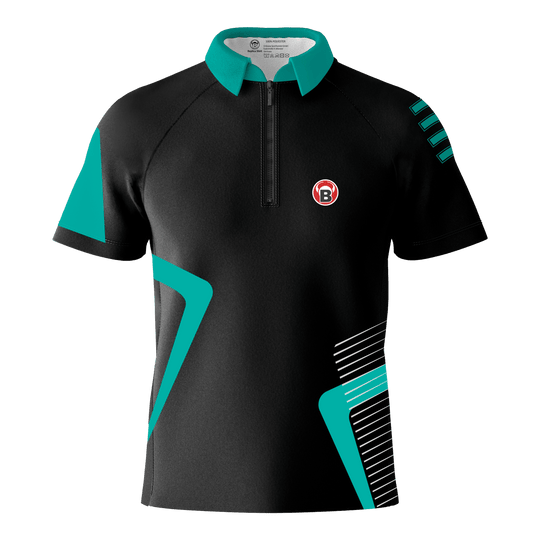 Bulls Team Dart Shirt - Mint Das Bild zeigt das Bulls Team Dartshirt in der Farbe Mint. Das Shirt ist überwiegend schwarz mit mintfarbenen Akzenten und einem kleinen B-Logo auf der Brust.
