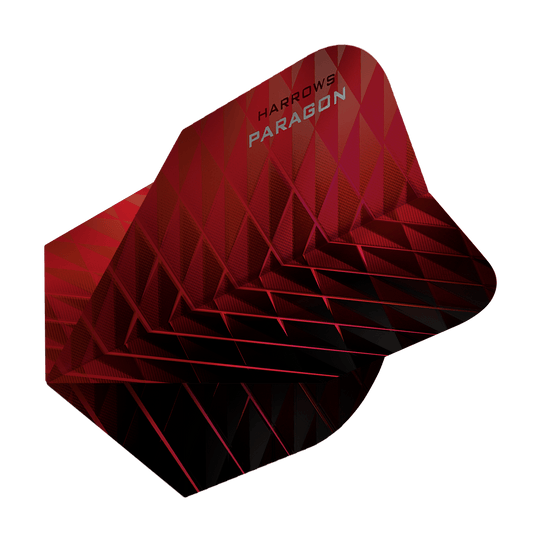 HR7602_Harrows_Paragon_Red_No2_Standard_Flights_2 Das Bild zeigt das Produkt "Harrows Paragon Red No2 Standard Flights". Die Dartflight ist rot und hat ein modernes, geometrisches Muster.