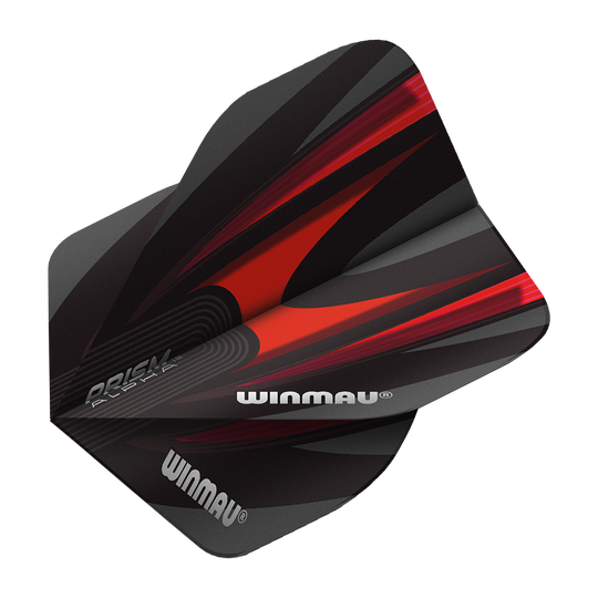 Das Bild zeigt einen Winmau Prism Alpha 6915.167 Standard Flight für Darts. Das Flight-Design ist überwiegend schwarz mit roten und grauen Akzenten sowie dem Winmau-Logo.