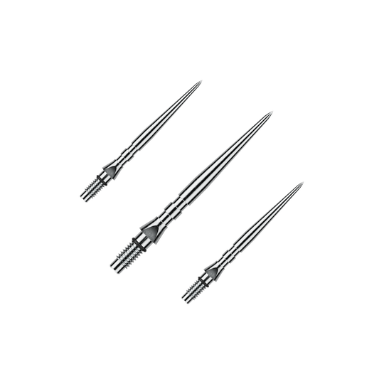 Auf dem Bild ist ein Set von silbernen Steeldartspitzen mit Rillen zu sehen, wahrscheinlich 'Switch Point Groove Silver Effect' und 26mm lang. Das Set ist für den Einsatz bei Steeldarts gedacht.