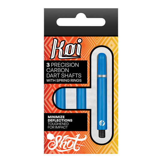 Shot Koi Carbon Shafts - Blue Die Abbildung zeigt eine Verpackung mit drei blauen Carbon-Dartschäften der Marke Koi. Auf der Packung steht, dass die Schäfte Präzision bieten, mit Sprengringen ausgestattet sind und Abweichungen minimieren.