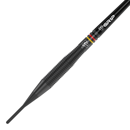 Bulls Martin Schindler The Wall Black Brass Softdarts - 18g Das Bild zeigt einen schwarzen Softdart mit auffälligen Rillen für besseren Halt. Auf dem Dart sind außerdem farbige Ringe und die Aufschrift "B GRIP" zu sehen.