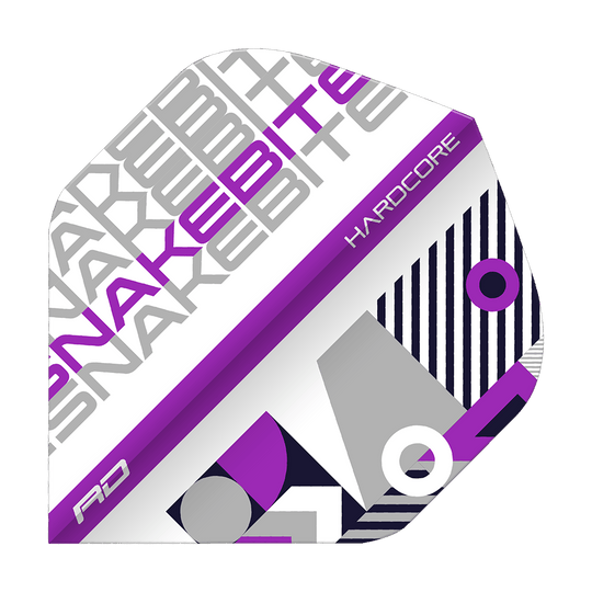 TF6661_Red_Dragon_Hardcore_Snakebite_WhitePurple_Standard_Flights_15QAeqfmUzZ5sn Das Bild zeigt ein Dart-Flight mit dem Namen "Red Dragon Hardcore Snakebite White Purple Standard Flights". Das Design besteht aus den Farben Weiß, Lila und Grau mit modernen geometrischen Mustern und Schriftzügen.