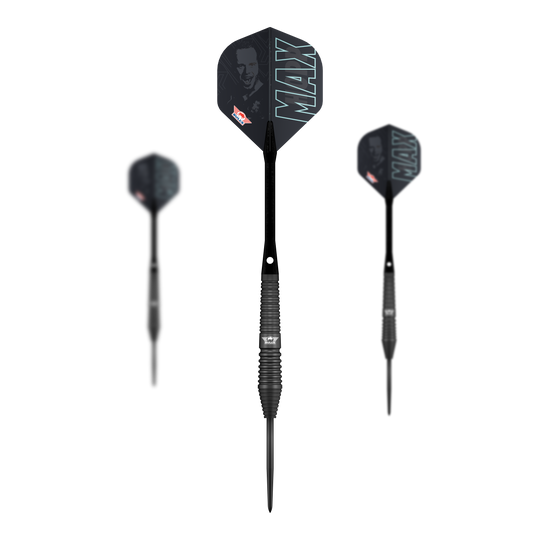 Bulls NL Max Hopp Black Steel Darts Das Bild zeigt die Bulls NL Max Hopp Black Steeldarts. Es handelt sich um ein Set von hochwertigen Steeldarts für Präzisionsspiel.