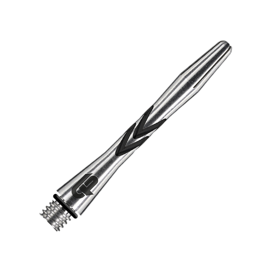 C648_Red_Dragon_Gerwyn_Price_V-Groove_Aluminium_Shafts_Black_36mm_2 Das Bild zeigt einen Red Dragon Gerwyn Price V-Groove Black Aluminium Shaft in 36 mm Länge. Der Schaft ist silberfarben mit schwarzen Rillen und hat ein Schraubgewinde am Ende.