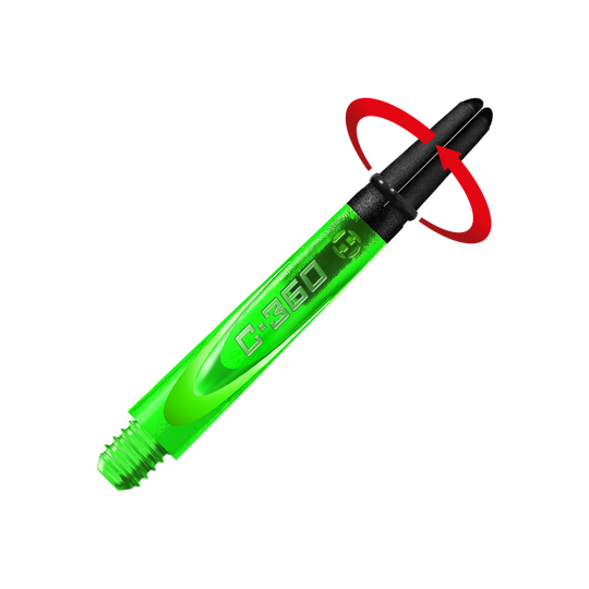 HR453_Harrows_Carbon_360_Shafts_Gr-n_42mm_2_Symbol Das Bild zeigt einen grünen Dart-Schaft mit der Aufschrift "C:360". Der Hintergrund ist in leuchtendem Grün gehalten, und das obere Ende des Schafts ist schwarz.