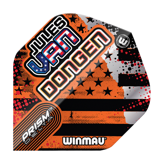 Das Bild zeigt ein Winmau Prism Delta Dart-Flight mit dem Namen "Jules Van Dongen". Das Flight-Design enthält auffällige Farben, Sterne und Streifen sowie den Schriftzug "Winmau".