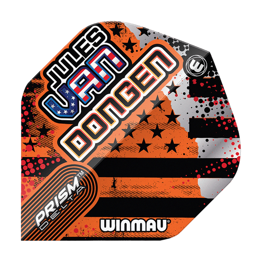 Winmau Prism Delta Jules Van Dongen Standard Flights Das Bild zeigt ein Winmau Prism Delta Dart-Flight mit dem Namen "Jules Van Dongen". Das Flight-Design enthält auffällige Farben, Sterne und Streifen sowie den Schriftzug "Winmau".