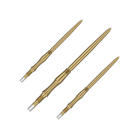 Das Bild zeigt ein Set von Target Swiss Point Dartspitzen Signature RST in Gold, 42mm. Das Set enthält mehrere identische Dartspitzen mit strukturierter Oberfläche.