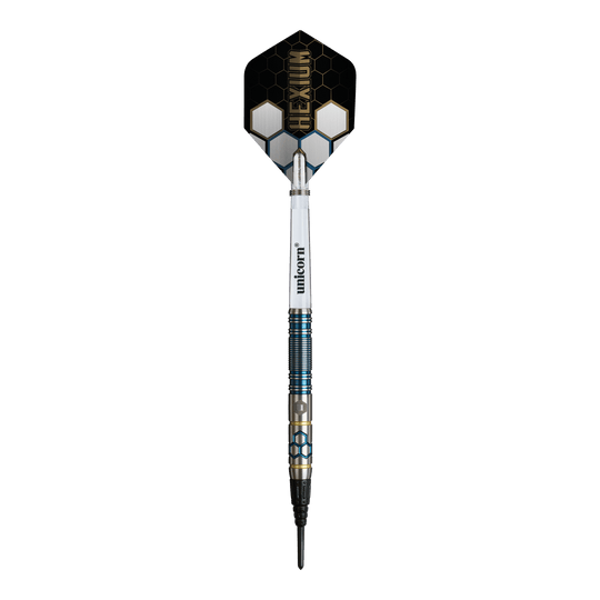 Hier sieht man die Unicorn Hexium Style 02 Blue & Gold Softdarts - 21g. Die Darts sind in Blau und Gold gehalten.