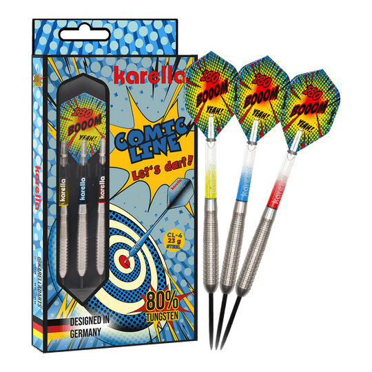 Karella Comic Line CL-4 steel darts - 23g Das Bild präsentiert die Karella Comic Line CL-4 Steeldarts mit einem Gewicht von 23g. Diese Darts sind robust und für ambitionierte Spieler konzipiert.