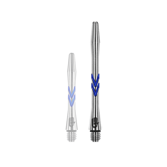 Das Bild zeigt zwei Aluminium-Schäfte für Darts in Silber mit blauen Rillen. Diese heißen "Red Dragon Gerwyn Price V-Groove Blue Aluminium Shafts".