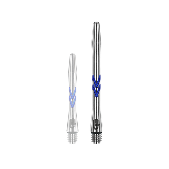 C643_Red_Dragon_Gerwyn_Price_V-Groove_Aluminium_Shafts_Blue_46mm_1Xdim1LOGwY4aB Das Bild zeigt zwei Aluminium-Schäfte für Darts in Silber mit blauen Rillen. Diese heißen "Red Dragon Gerwyn Price V-Groove Blue Aluminium Shafts".