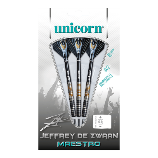Das Bild zeigt eine Verpackung mit drei Steeldarts der Marke Unicorn, Modell „Jeffrey De Zwaan Maestro“. Die Darts sind in einer transparenten Blisterverpackung sichtbar und auf der Verpackung steht der Name des Produkts.