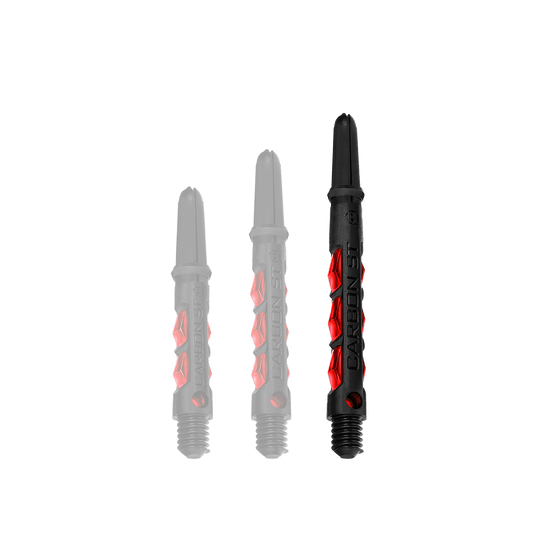 Das Bild zeigt drei Harrows Carbon ST Shafts in der Farbe Rot. Die Dartschäfte bestehen aus schwarzem Material mit roten Akzenten und unterscheiden sich in der Länge.