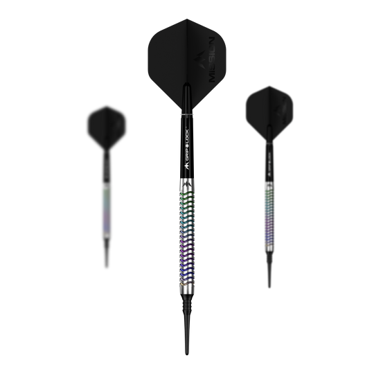 Das Bild zeigt ein Set der Mission Mirage Softdarts - 20g. Alle Teile des Dart-Sets sind zu erkennen.