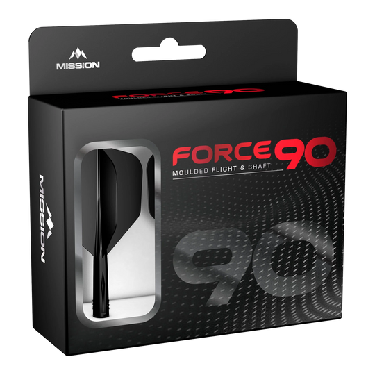 Die Abbildung zeigt die Verpackung des Produkts "Mission Force 90 No6 Flight-Shaft-System - Schwarz". In der Box befindet sich ein schwarzes Flight- und Shaft-System für Darts.