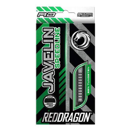 Red Dragon Javelin Speedline Soft Darts - 20g Die Verpackung zeigt die "Red Dragon Javelin Speedline Softdarts" mit 20 Gramm Gewicht. Das Design ist grün, schwarz und silbern und hebt 85% Tungsten hervor.