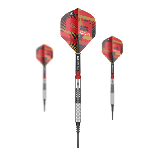 Target Stephen Bunting GEN5 Soft Darts - 18g Das Bild zeigt drei Softdarts des Modells "Target Stephen Bunting GEN5" mit einem Gewicht von 18g. Die Flights sind rot gemustert und tragen die Aufschrift "BULLET".
