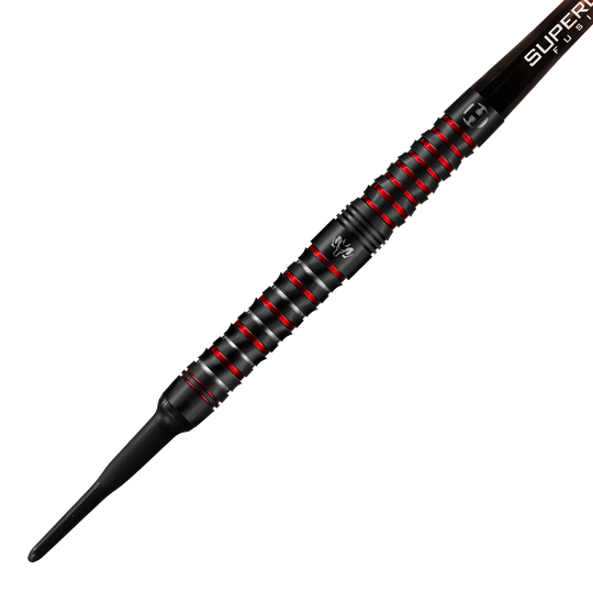 HA17041-Harrows-Wolfram-Infinity-97-Tungsten-Softdarts-2 Das Bild zeigt einen Harrows Wolfram Infinity 97% Tungsten Softdart. Der Dart ist schwarz mit roten Akzenten und hat eine strukturierte Griffzone.