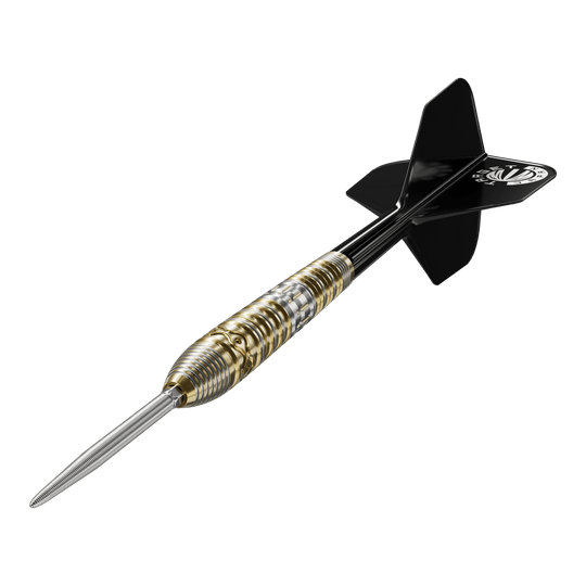 Das Bild zeigt einen Target Japan Hot Shot GEN2 Steeldart mit einem Gewicht von 23g. Der Dart hat einen metallischen, geriffelten Griffbereich und schwarze Flights.