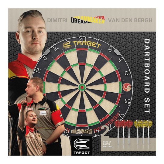 Das Bild zeigt das Produkt "Target Dimitri Van Den Bergh Steeldartboard Set" mit einer großen Dartscheibe in der Mitte. Rechts unten sieht man sechs mitgelieferte Darts und im Hintergrund ist Dimitri Van Den Bergh mehrfach abgebildet.