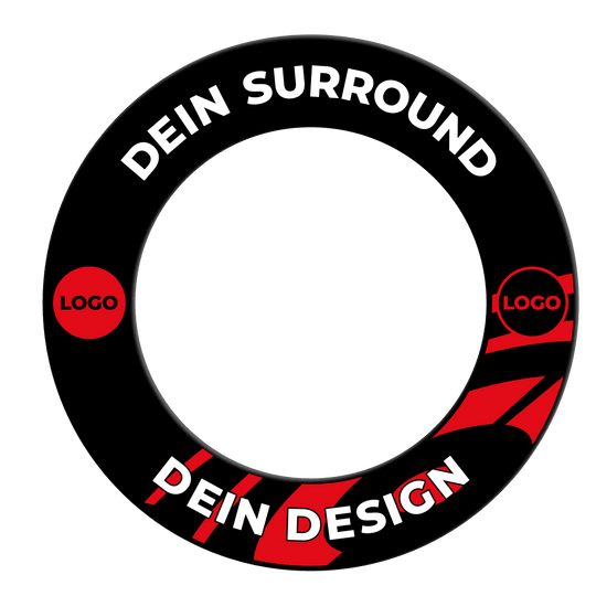 Dartboard surround with your design Abgebildet ist ein schwarzes Dartboard-Surround. Es schützt die Wand und verleiht dem Dartbereich ein elegantes Aussehen.