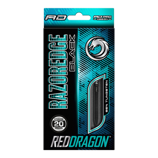 Red Dragon Razor Edge Black steel darts Auf dem Bild ist eine Verpackung von Red Dragon Razor Edge Black Steeldarts zu sehen. Die Darts wiegen 20 Gramm und bestehen zu 85 % aus Wolfram.
