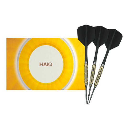 Das Bild zeigt die Caliburn Halo H2 Steeldarts mit einem Gewicht von 22,5g in voller Länge. Die Steeldarts sind besonders langlebig und robust.