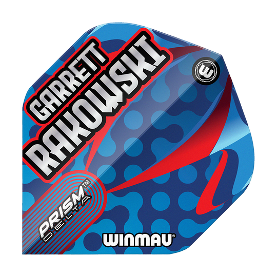 Das Bild zeigt die Winmau Prism Delta Garrett Rakowski Standard Flights. Das Flight-Design ist blau mit roten und hellblauen Akzenten sowie dem Namen "Garrett Rakowski" in großen Buchstaben.