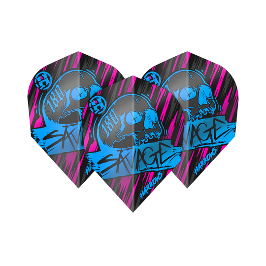 Harrow's Savage Aqua Pink No6 Flights Das Bild zeigt die Harrows Savage Aqua Pink No6 Flights, die für Dartpfeile verwendet werden. Sie sind schwarz mit auffälligen blauen und pinken Grafiken, darunter ein Totenkopf und das Wort "SAVAGE".