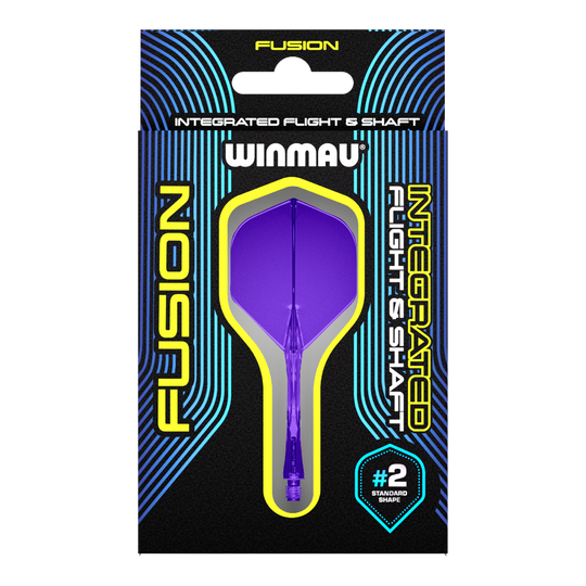 Winmau Fusion Flight Shaft System Standard Purple Auf dem Bild ist eine Verpackung mit einem lila Dart-Flug- und Schaftsystem der Marke Winmau zu sehen. Die Verpackung trägt die Aufschrift "Fusion Integrated Flight & Shaft" und hebt die Standardform #2 hervor.