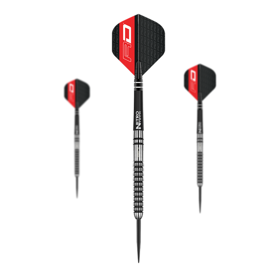 Red Dragon Gian Van Veen Steeldarts - 21g Das Bild zeigt drei Steeldarts des Modells "Red Dragon Gian Van Veen" mit einem Gewicht von 21g. Die Pfeile haben schwarze und rote Flights sowie silberne, gerillte Barrels.