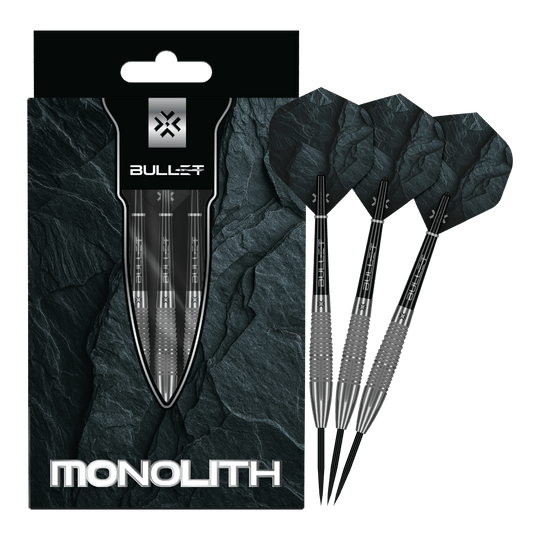 Abgebildet sind die Bullet Monolith Steel Darts in voller Länge. Dieses Produkt eignet sich für das Steeldart-Spiel.