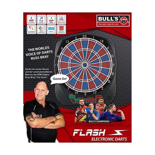 67974_Bulls_Flash_RB_Sound-Elektronik-Dartboard_2 Das Bild zeigt das elektronische Dartboard „Bulls Flash RB Sound Elektronik Dartboard“. Es ist mit den Stimmen von Russ Bray und neuen Soundeffekten ausgestattet und eignet sich für bis zu 8 Spieler.