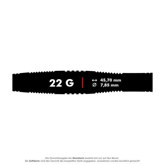 Red Dragon Marlin Venom Soft Darts - 22g Das Bild zeigt die Produktinformationen der Red Dragon Marlin Venom Softdarts mit einem Gewicht von 22 Gramm. Die Darts haben eine Länge von 45,70 mm und einen Durchmesser von 7,85 mm.