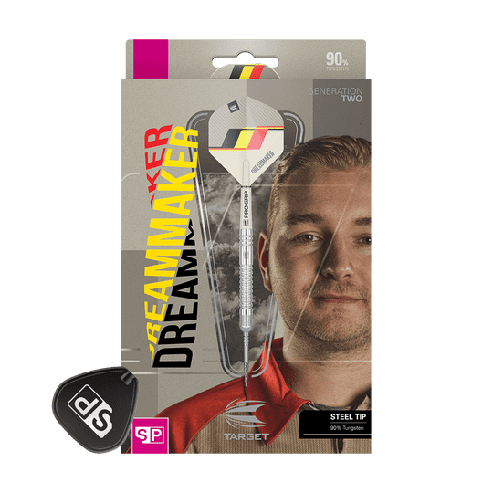 190224-_Target_Dimitri_Van_Den_Bergh_GEN2_Swiss_Point_Steeldarts_3 Auf dem Bild ist eine Verpackung für Steeldarts der Marke Target zu sehen. Auf der Verpackung steht groß „DREAMMAKER“, und ein Dartpfeil mit Stahlspitze ist zu erkennen.